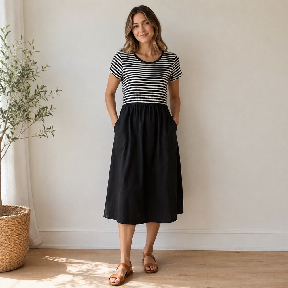 J Crew Striped top dress in black and white Short sleeve and pockets women L